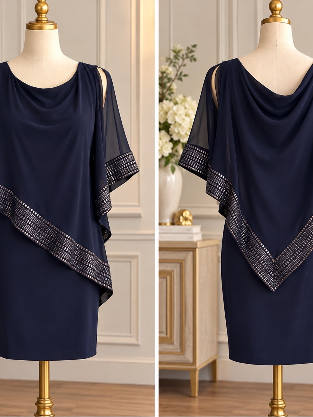 SLNY Navy Beaded Overlay Midi Dress